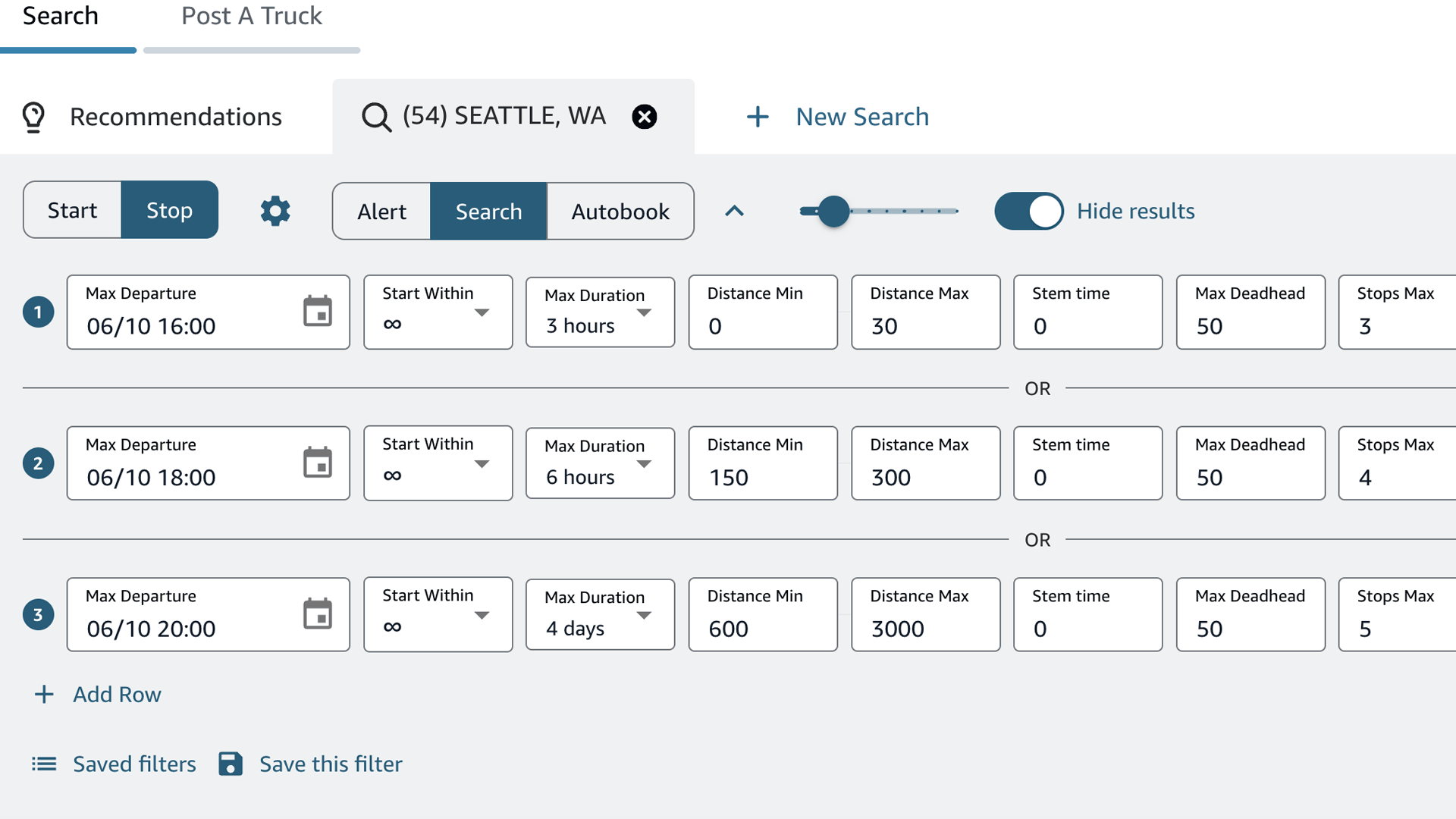 Two Rocket filter rows set up on the Amazon Relay loadboard, showing the Add Row / OR logic for matching different sets of trips.