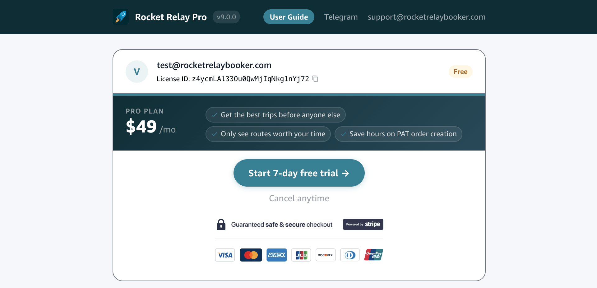 The Rocket settings/account view showing the license email, License ID, and plan.