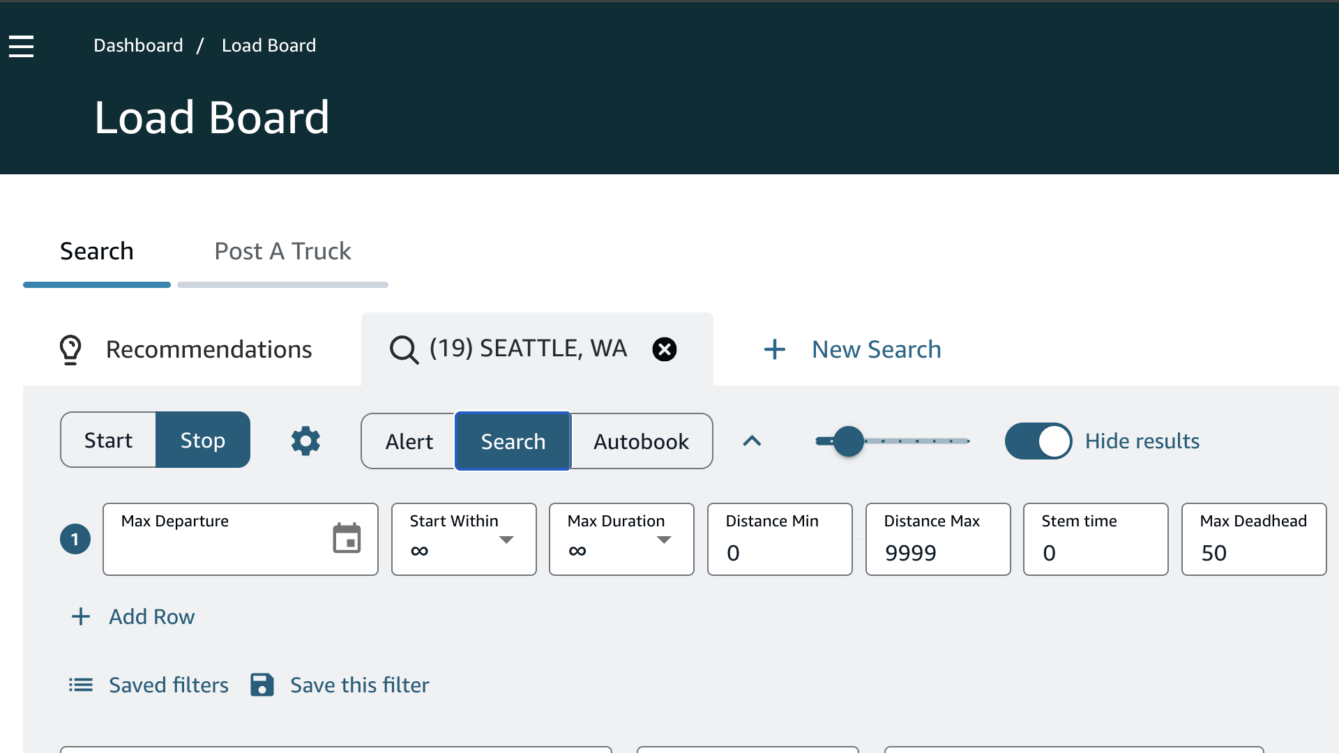The Rocket controls on the Amazon Relay loadboard — the mode selector (Alert, Search, Auto-book), Start and Stop, the Settings gear, the Expand arrow, the refresh-speed slider, the Hide results switch, and the filter row with Add row, Saved filters, and Save this filter.