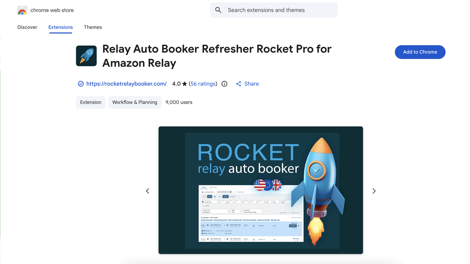 Rocket Relay on the Chrome Web Store, with the Add to Chrome button.