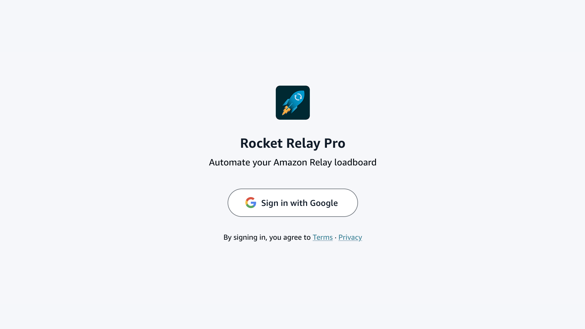 The Rocket Relay Pro sign-in screen with the Sign in with Google button.