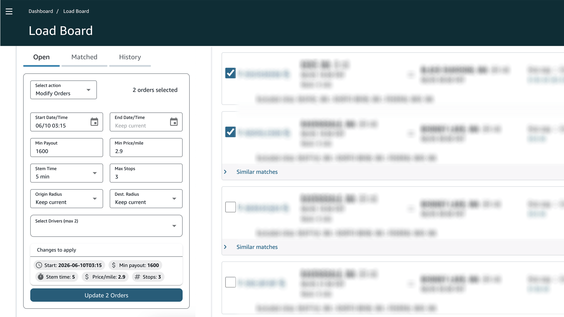 Bulk Post-a-Truck management view with multiple orders selected