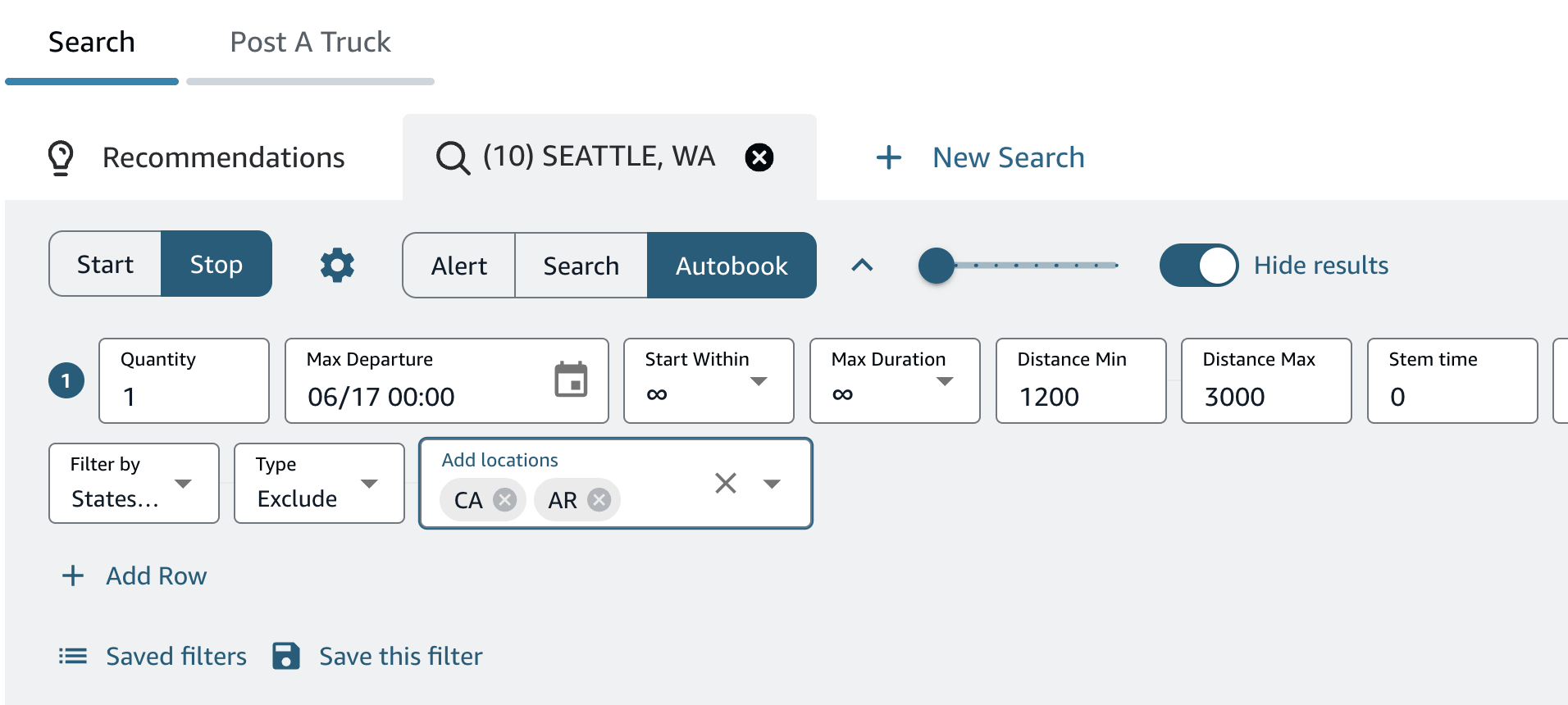 Rocket's location filter controls on the Amazon Relay loadboard — the Filter by selector, the Type (exclude / whitelist) toggle, and the Add locations field.
