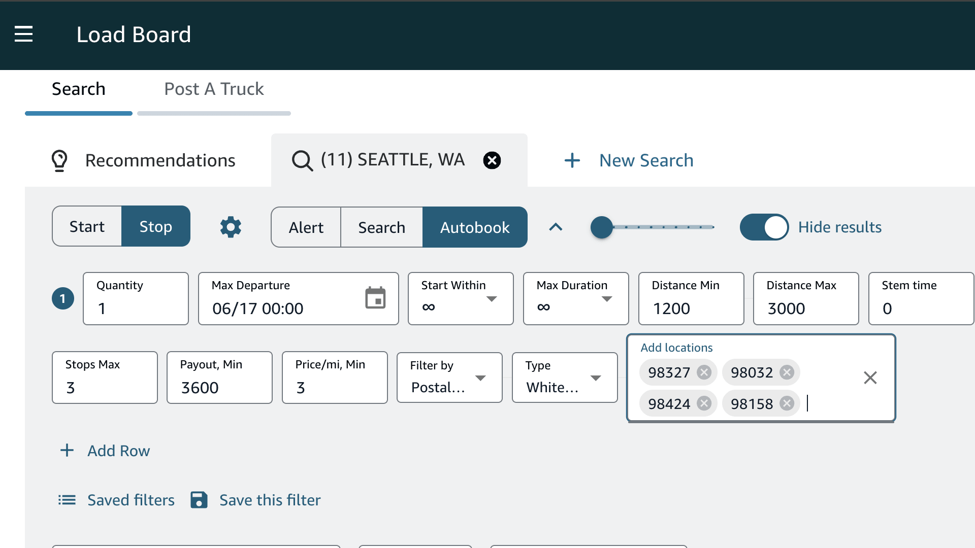 Rocket's location filter on the Amazon Relay loadboard set to postal codes, with example postal codes added.