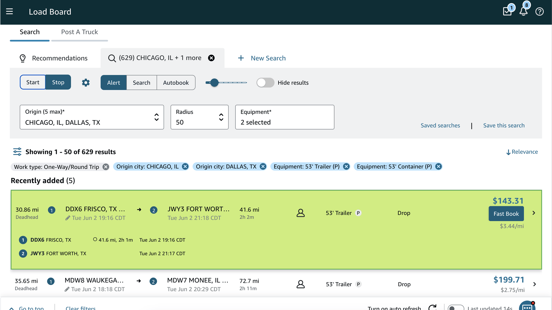 Rocket Alert mode running on the Amazon Relay loadboard — a newly posted trip highlighted with the on-screen new-trip alert.