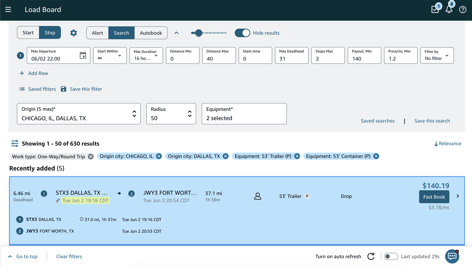 Rocket Search mode on the Amazon Relay loadboard — several filter-matched trips highlighted, with the live match count shown in the browser tab.