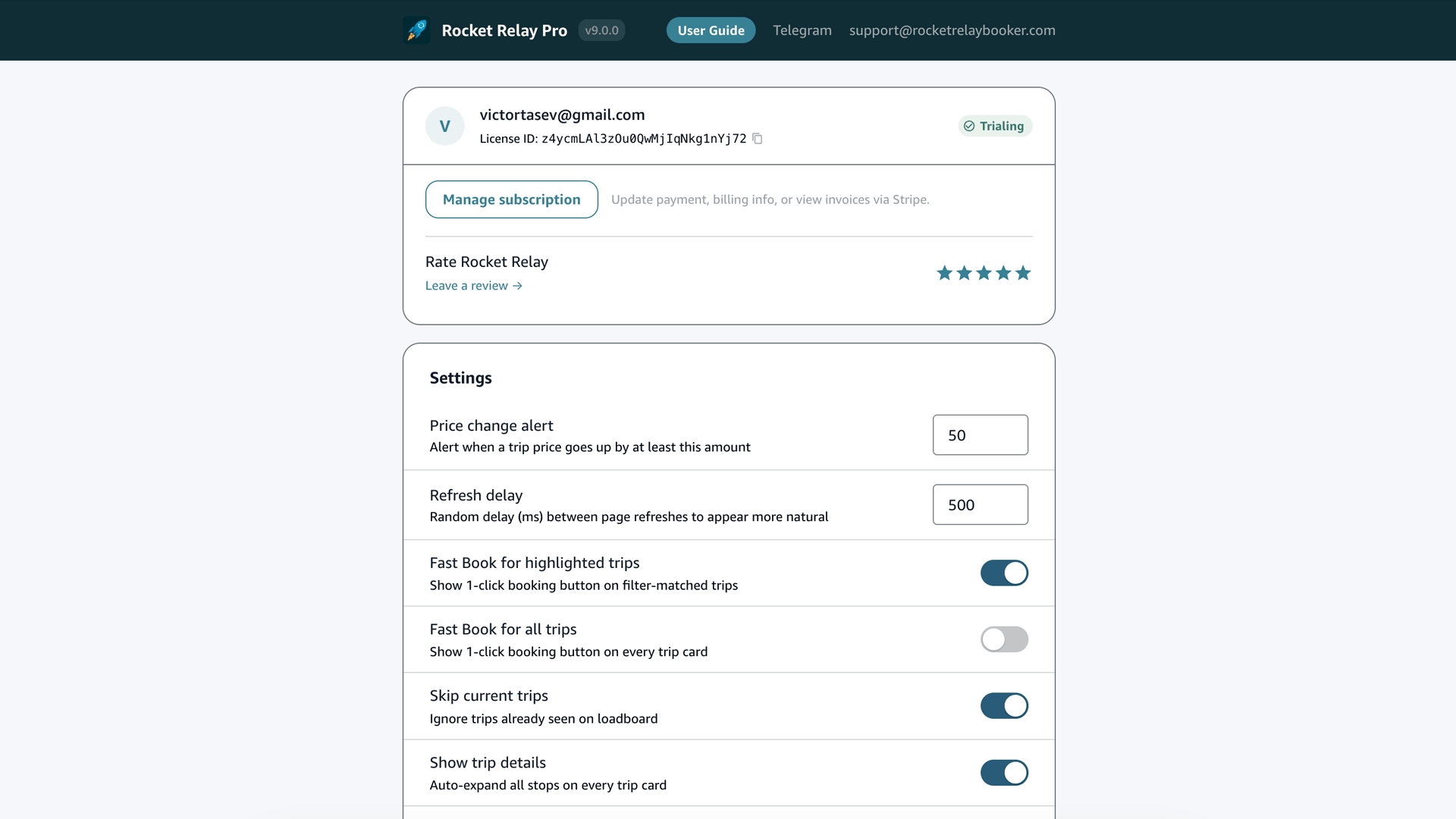 The full Rocket settings panel — refresh speed, alert options, FastBook behavior, highlighting, and the Pro tool toggles.