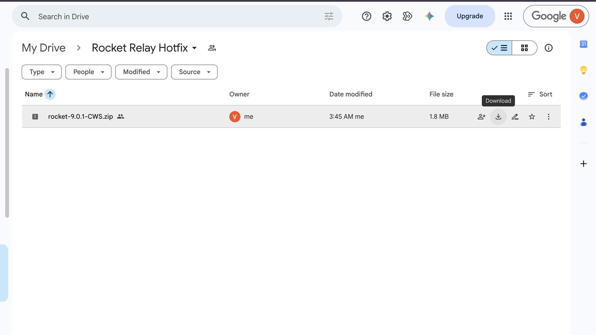 Google Drive folder showing the Rocket Relay .zip file with the Download button highlighted