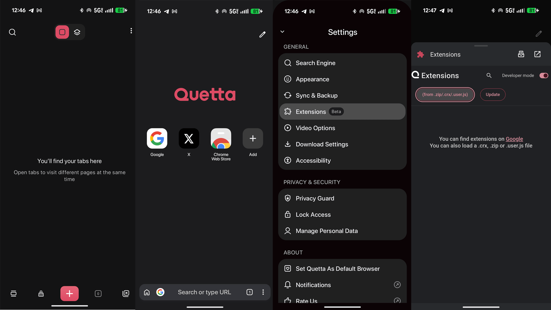 Quetta on Android: open a new tab, tap the three-dots menu, choose Settings then Extensions, and use the load-from-ZIP button to install the Rocket Relay extension